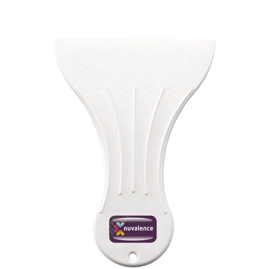"White promotional ice scraper, with an inward curving handle and epoxy dome. Made from biodegradable materials"